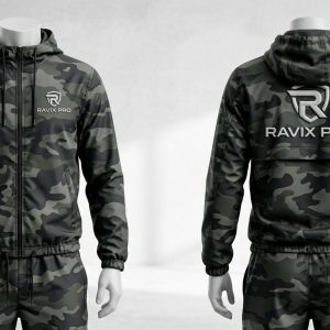 Custom Camo Hooded Windbreaker with Back Logo – front and back view, custom manufactured by Ravix Pro Industry, Sialkot