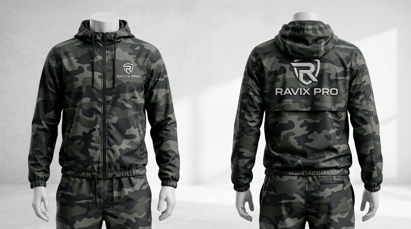 Custom Camo Hooded Windbreaker with Back Logo Custom Camo Hooded Windbreaker with Back Logo – front and back view, custom manufactured by Ravix Pro Industry, Sialkot