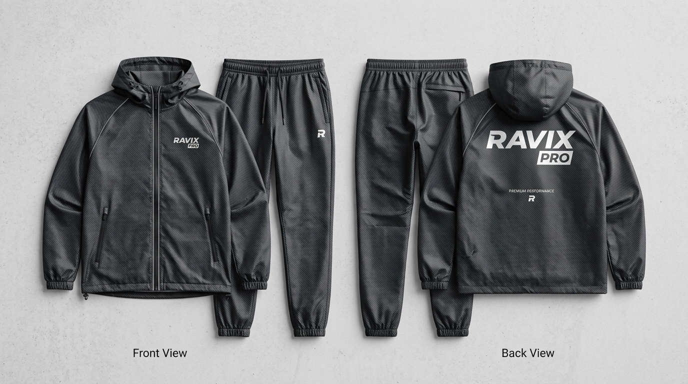 Custom Charcoal Hooded Tech Tracksuit Custom Charcoal Hooded Tech Tracksuit – front and back view, custom manufactured by Ravix Pro Industry, Sialkot