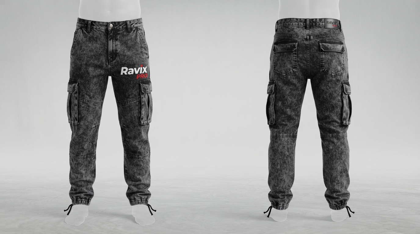 Custom Acid Wash Cargo Jeans with Logo Custom Acid Wash Cargo Jeans with Logo – front and back view, custom manufactured by Ravix Pro Industry, Sialkot