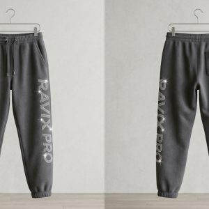 Custom Charcoal Joggers with Tonal Leg Print – front and back view, custom manufactured by Ravix Pro Industry, Sialkot