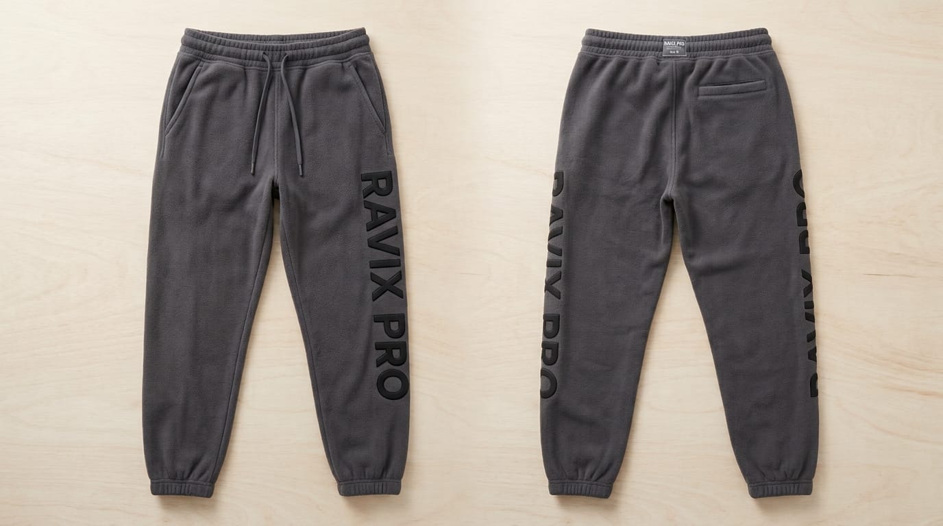 Custom Charcoal Fleece Joggers with Vertical Leg Print Custom Charcoal Fleece Joggers with Vertical Leg Print – front and back view, custom manufactured by Ravix Pro Industry, Sialkot