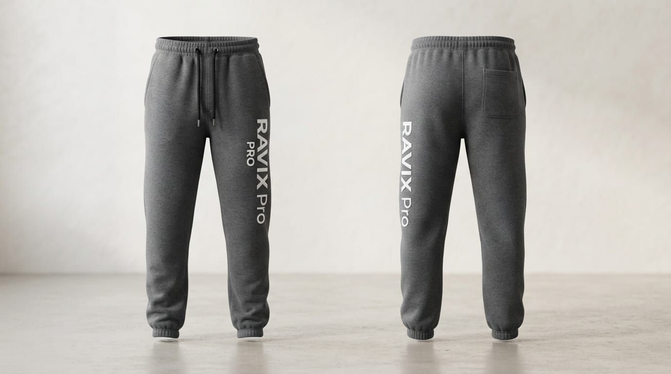 Custom Charcoal Joggers with Vertical Leg Logo Custom Charcoal Joggers with Vertical Leg Logo – front and back view, custom manufactured by Ravix Pro Industry, Sialkot