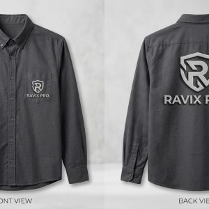 Custom Charcoal Shirt with Shield Back Logo – front and back view, custom manufactured by Ravix Pro Industry, Sialkot