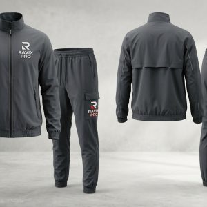 Custom Charcoal Training Tracksuit with Cargo Pocket – front and back view, custom manufactured by Ravix Pro Industry, Sialkot