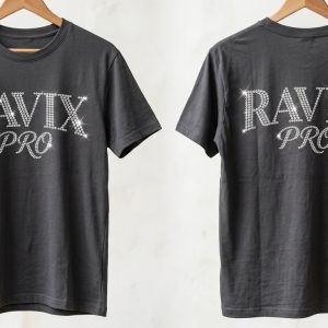 Custom Charcoal Tee with Distressed Serif Logo – front and back view, custom manufactured by Ravix Pro Industry, Sialkot