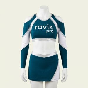 Custom Teal Cold-Shoulder Cheer Uniform – front and back view, custom manufactured by Ravix Pro Industry, Sialkot