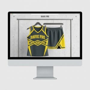 Custom Black and Yellow Cheer Uniform Set – front and back view, custom manufactured by Ravix Pro Industry, Sialkot