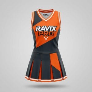 Custom Orange and Charcoal Cheerleading Uniform – front and back view, custom manufactured by Ravix Pro Industry, Sialkot