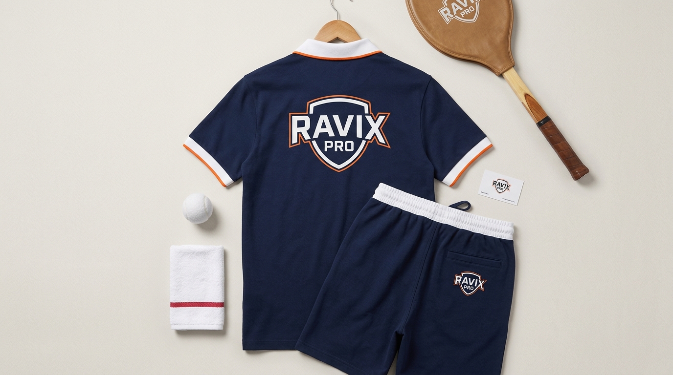 Custom Navy Retro Tennis Shirt and Shorts Custom Navy Retro Tennis Shirt and Shorts – front and back view, custom manufactured by Ravix Pro Industry, Sialkot