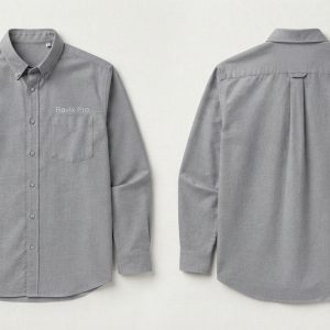 Custom Grey Oxford Button Down Shirt – front and back view, custom manufactured by Ravix Pro Industry, Sialkot