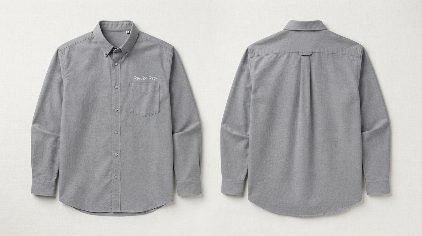 Custom Grey Oxford Button Down Shirt Custom Grey Oxford Button Down Shirt – front and back view, custom manufactured by Ravix Pro Industry, Sialkot