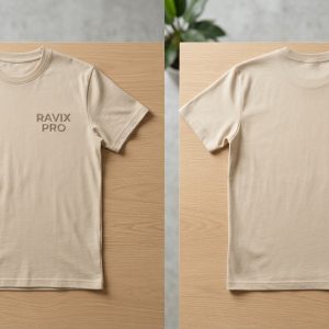 Custom Sand Tee with Tonal Chest Logo – front and back view, custom manufactured by Ravix Pro Industry, Sialkot