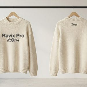 Custom Cream Knit Sweater with Embroidered Chest Logo – front and back view, custom manufactured by Ravix Pro Industry, Sialkot