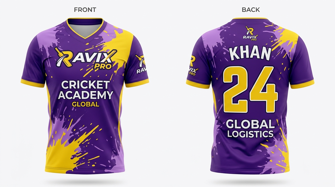 Custom Purple and Yellow Cricket Academy Jersey Custom Purple and Yellow Cricket Academy Jersey – front and back view, custom manufactured by Ravix Pro Industry, Sialkot