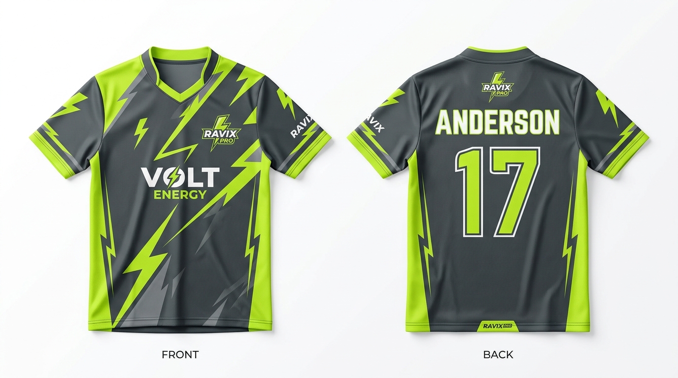 Custom Charcoal and Lime Lightning Cricket Jersey Custom Charcoal and Lime Lightning Cricket Jersey – front and back view, custom manufactured by Ravix Pro Industry, Sialkot
