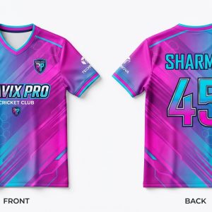 Custom Cyan and Pink Cricket Club Jersey – front and back view, custom manufactured by Ravix Pro Industry, Sialkot