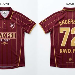 Custom Maroon Pinstripe Cricket Jersey – front and back view, custom manufactured by Ravix Pro Industry, Sialkot