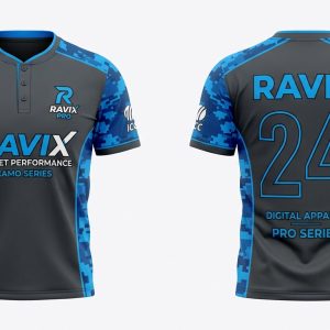 Custom Grey and Blue Camo Cricket Jersey – front and back view, custom manufactured by Ravix Pro Industry, Sialkot
