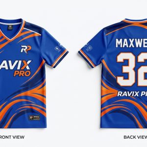 Custom Blue and Orange Swirl Cricket Jersey – front and back view, custom manufactured by Ravix Pro Industry, Sialkot