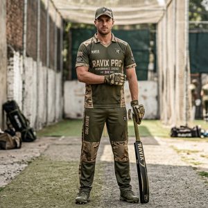 Custom Olive Cricket Training Kit – front and back view, custom manufactured by Ravix Pro Industry, Sialkot