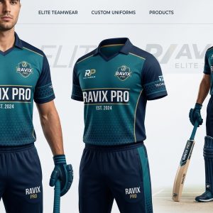 Custom Teal and Navy Cricket Team Kit – front and back view, custom manufactured by Ravix Pro Industry, Sialkot