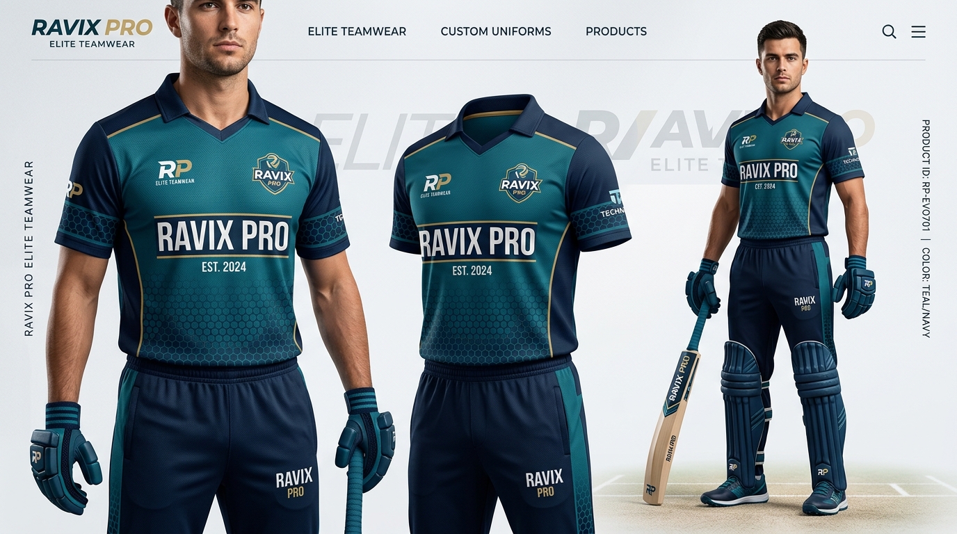 Custom Teal and Navy Cricket Team Kit Custom Teal and Navy Cricket Team Kit – front and back view, custom manufactured by Ravix Pro Industry, Sialkot