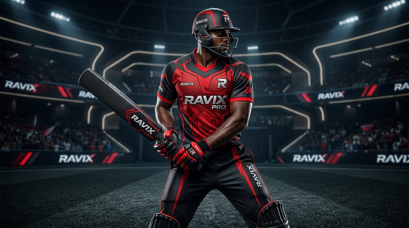 Custom Black and Red Cricket Uniform Custom Black and Red Cricket Uniform – front and back view, custom manufactured by Ravix Pro Industry, Sialkot