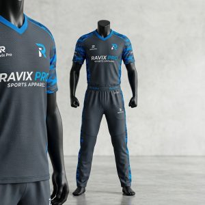 Custom Grey and Blue Camo Cricket Uniform – front and back view, custom manufactured by Ravix Pro Industry, Sialkot