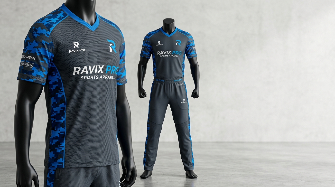Custom Grey and Blue Camo Cricket Uniform Custom Grey and Blue Camo Cricket Uniform – front and back view, custom manufactured by Ravix Pro Industry, Sialkot