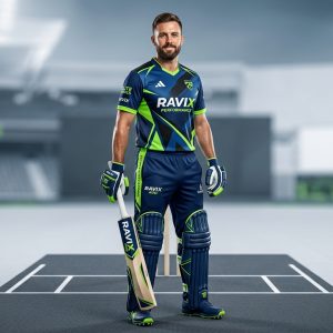 Custom Navy and Lime Cricket Uniform – front and back view, custom manufactured by Ravix Pro Industry, Sialkot