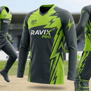 Custom Charcoal and Lime Long Sleeve Cricket Kit – front and back view, custom manufactured by Ravix Pro Industry, Sialkot