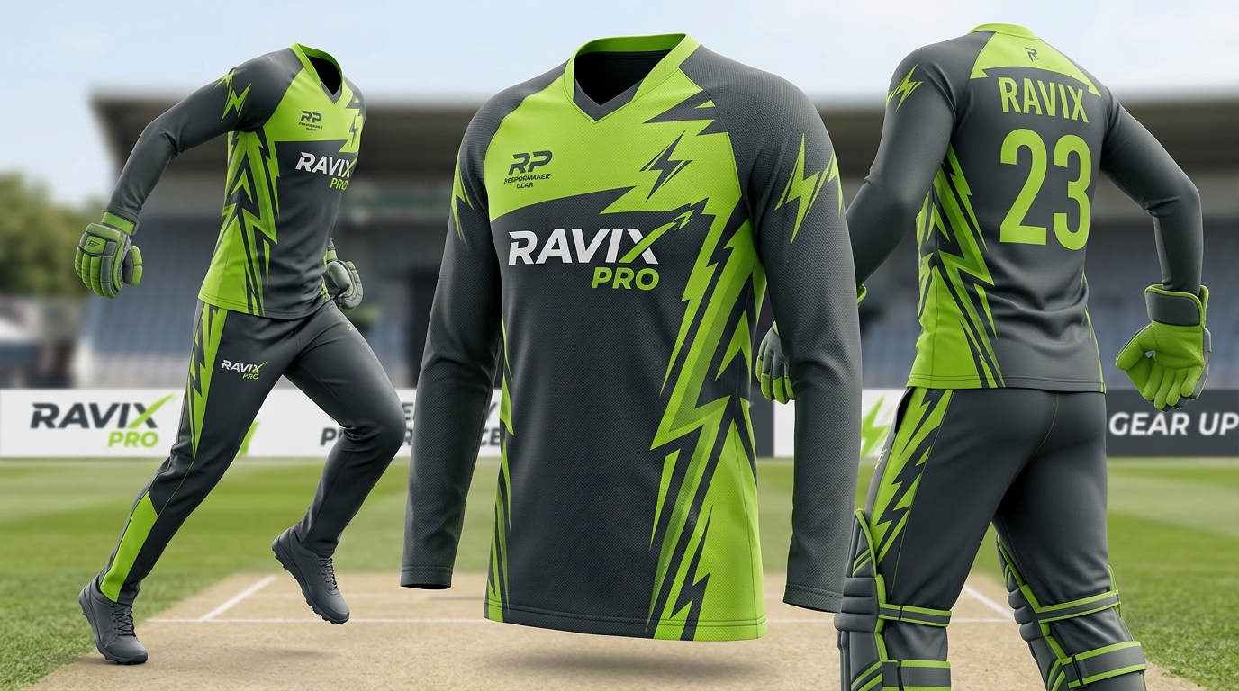 Custom Charcoal and Lime Long Sleeve Cricket Kit Custom Charcoal and Lime Long Sleeve Cricket Kit – front and back view, custom manufactured by Ravix Pro Industry, Sialkot