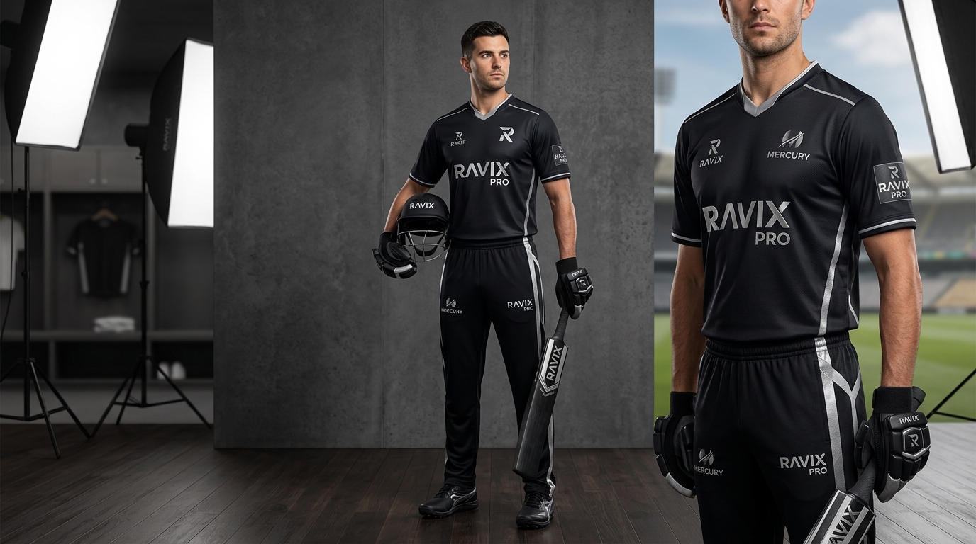 Custom Black Cricket Uniform with Grey Accents Custom Black Cricket Uniform with Grey Accents – front and back view, custom manufactured by Ravix Pro Industry, Sialkot