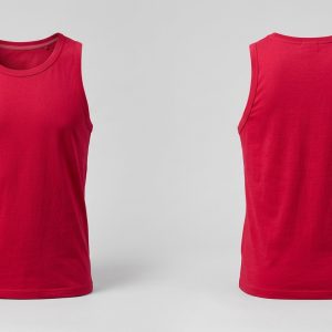 Custom Red Sleeveless Muscle Tank – front and back view, custom manufactured by Ravix Pro Industry, Sialkot