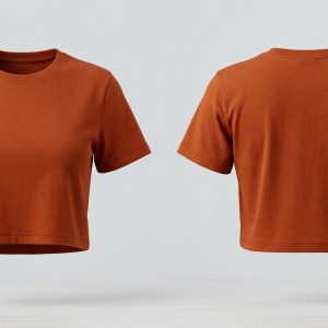 Custom Rust Women's Crop Top Tee – front and back view, custom manufactured by Ravix Pro Industry, Sialkot
