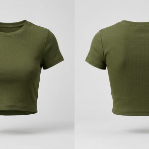 Custom Olive Ribbed Women's Crop Tee – front and back view, custom manufactured by Ravix Pro Industry, Sialkot