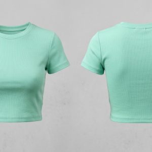 Custom Mint Women's Ribbed Crop Tee – front and back view, custom manufactured by Ravix Pro Industry, Sialkot
