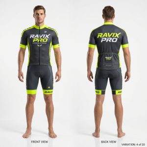 Custom Charcoal and Neon Cycling Kit – front and back view, custom manufactured by Ravix Pro Industry, Sialkot