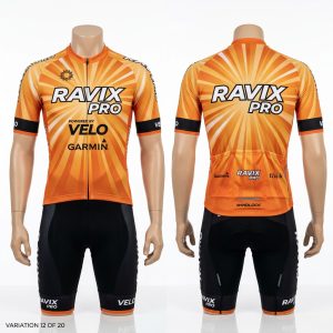 Custom Orange Cycling Jersey and Bib Shorts – front and back view, custom manufactured by Ravix Pro Industry, Sialkot