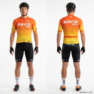 Custom Orange to Yellow Fade Cycling Kit – front and back view, custom manufactured by Ravix Pro Industry, Sialkot