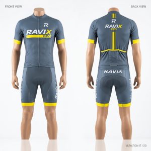 Custom Slate and Yellow Cycling Kit – front and back view, custom manufactured by Ravix Pro Industry, Sialkot