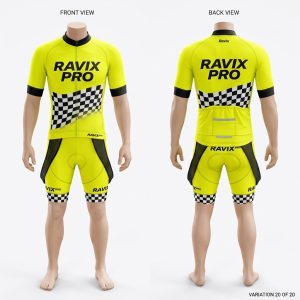 Custom Neon Yellow Checkered Cycling Kit – front and back view, custom manufactured by Ravix Pro Industry, Sialkot