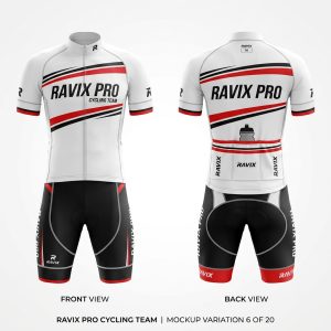 Custom White and Red Stripe Cycling Kit – front and back view, custom manufactured by Ravix Pro Industry, Sialkot