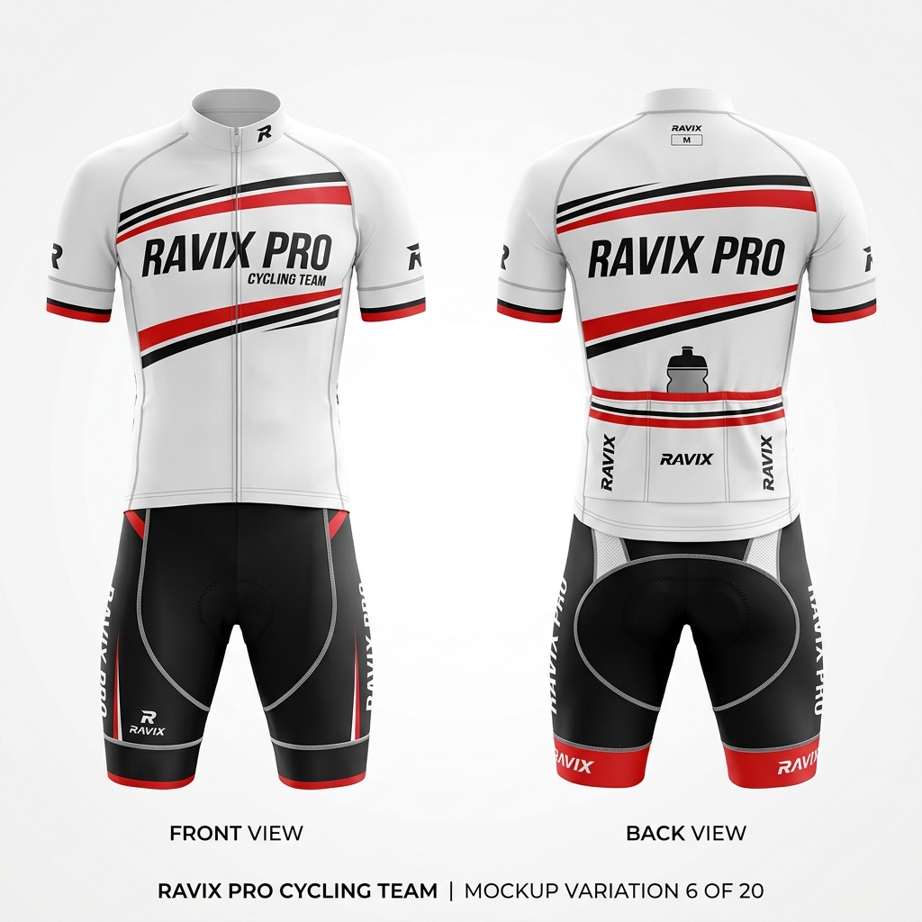 Custom White and Red Stripe Cycling Kit Custom White and Red Stripe Cycling Kit – front and back view, custom manufactured by Ravix Pro Industry, Sialkot