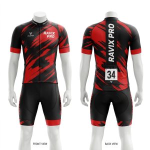 Custom Red and Black Brush Cycling Kit – front and back view, custom manufactured by Ravix Pro Industry, Sialkot