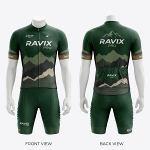 Custom Green Mountain Cycling Kit – front and back view, custom manufactured by Ravix Pro Industry, Sialkot