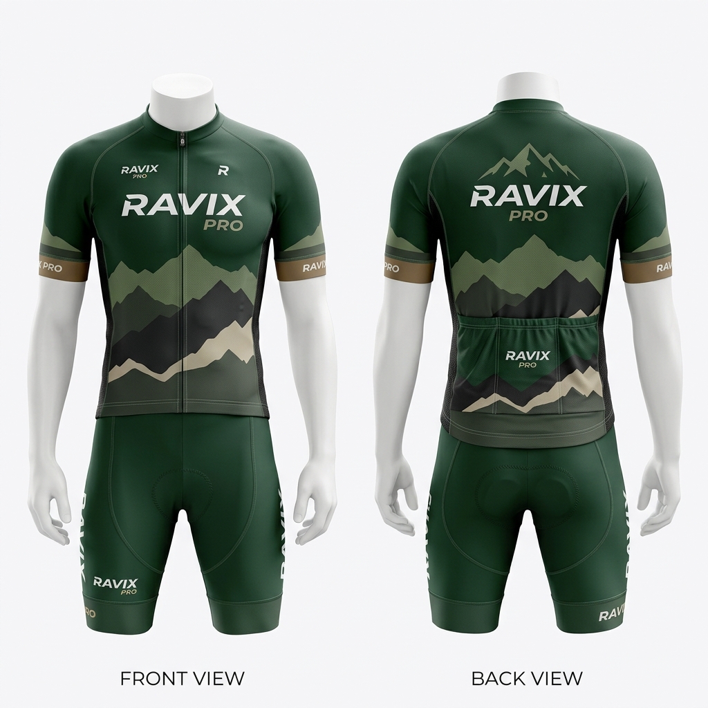 Custom Green Mountain Cycling Kit Custom Green Mountain Cycling Kit – front and back view, custom manufactured by Ravix Pro Industry, Sialkot