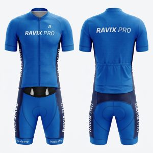 Custom Royal Blue Cycling Kit – front and back view, custom manufactured by Ravix Pro Industry, Sialkot