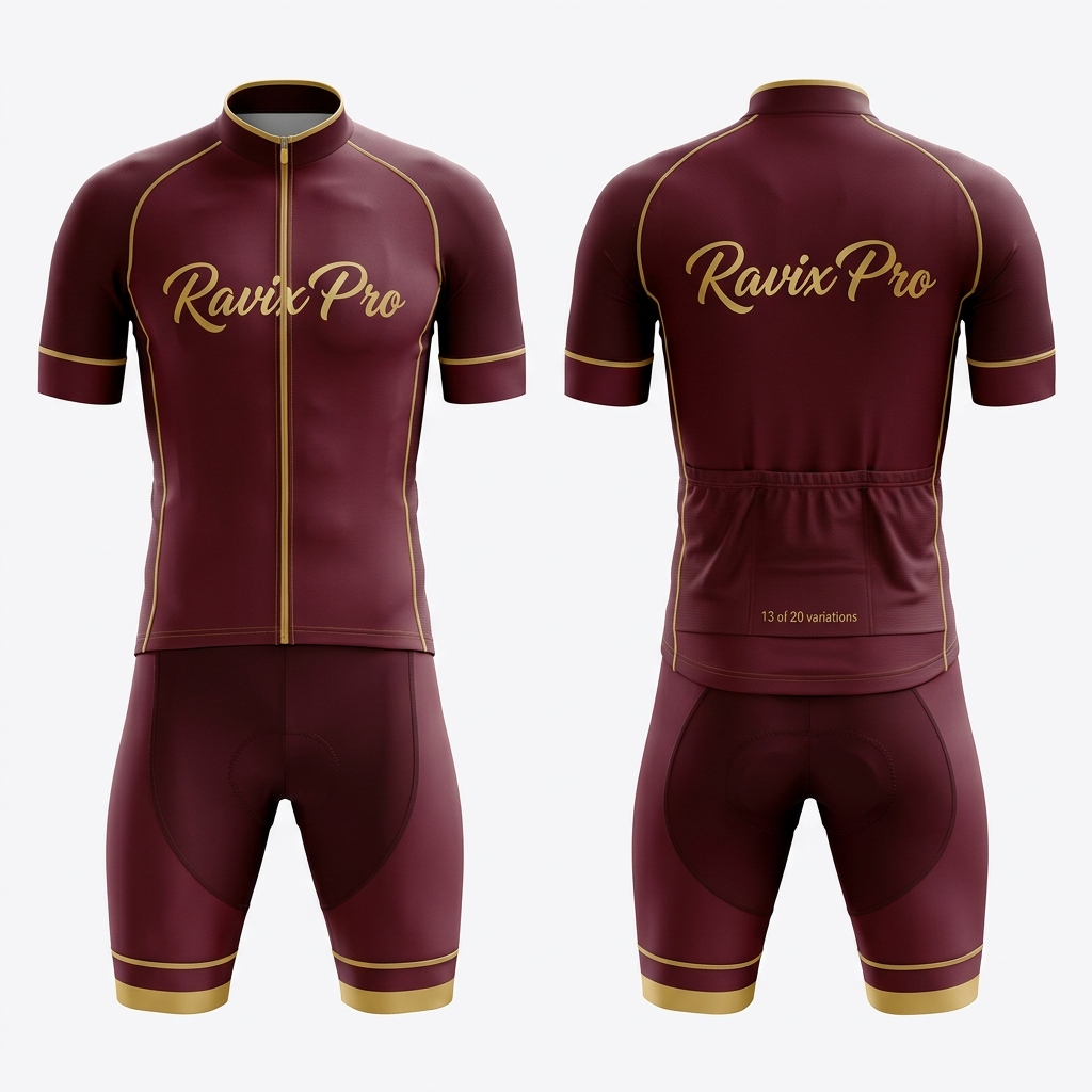 Custom Maroon and Gold Script Cycling Kit Custom Maroon and Gold Script Cycling Kit – front and back view, custom manufactured by Ravix Pro Industry, Sialkot